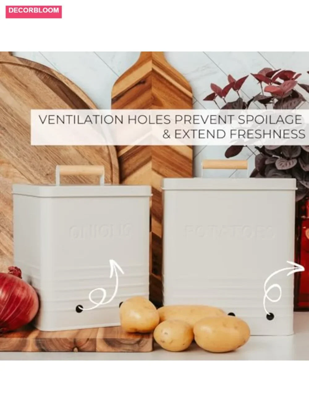 Potato and Onion Storage Container Set - Food Safe Metal Bins with Wooden Lid
